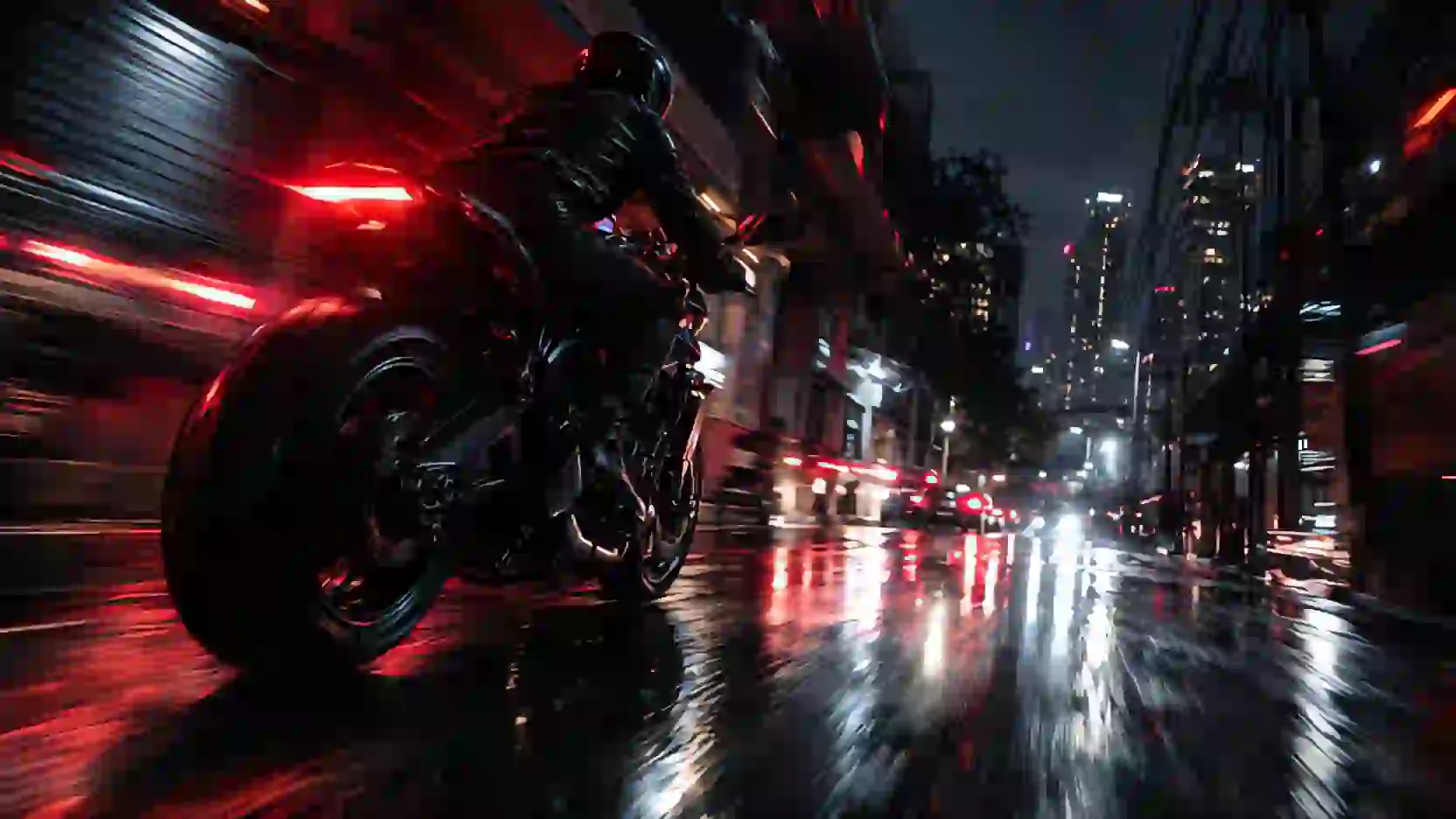 A motorbike rider speeds through a wet Bangkok street at night, red light trails behind him.