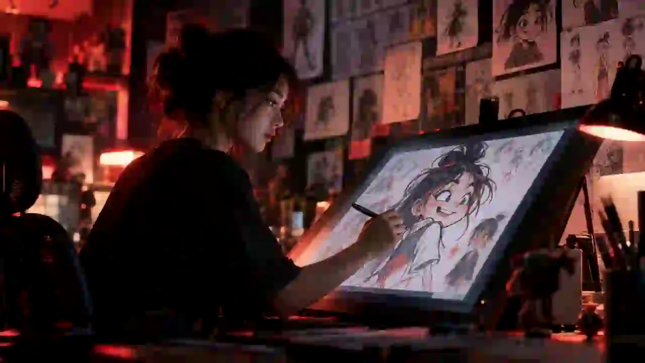 An animator draws a cartoon character on a pen display, storyboards pinned on the wall behind her.