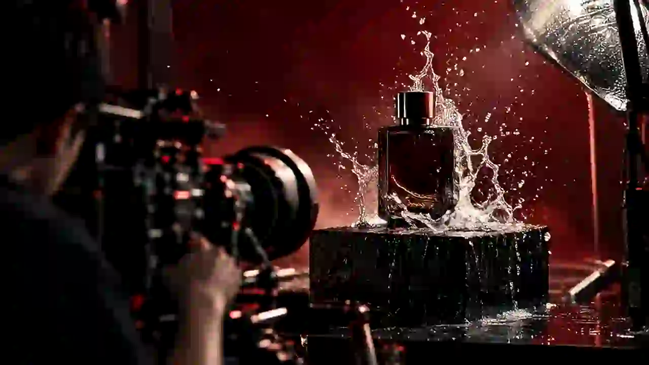 Commercial shoot: water splashes around an unlabelled glass bottle under a hard silver light.