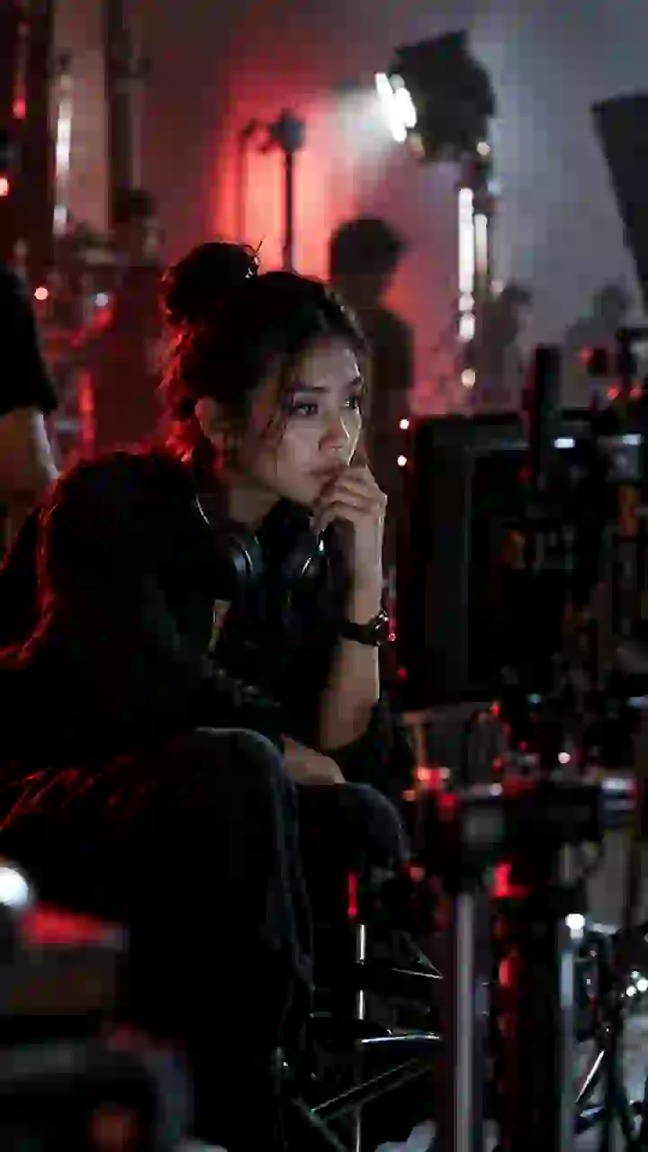 A director with headphones watches the field monitor on set, her face lit by its glow.
