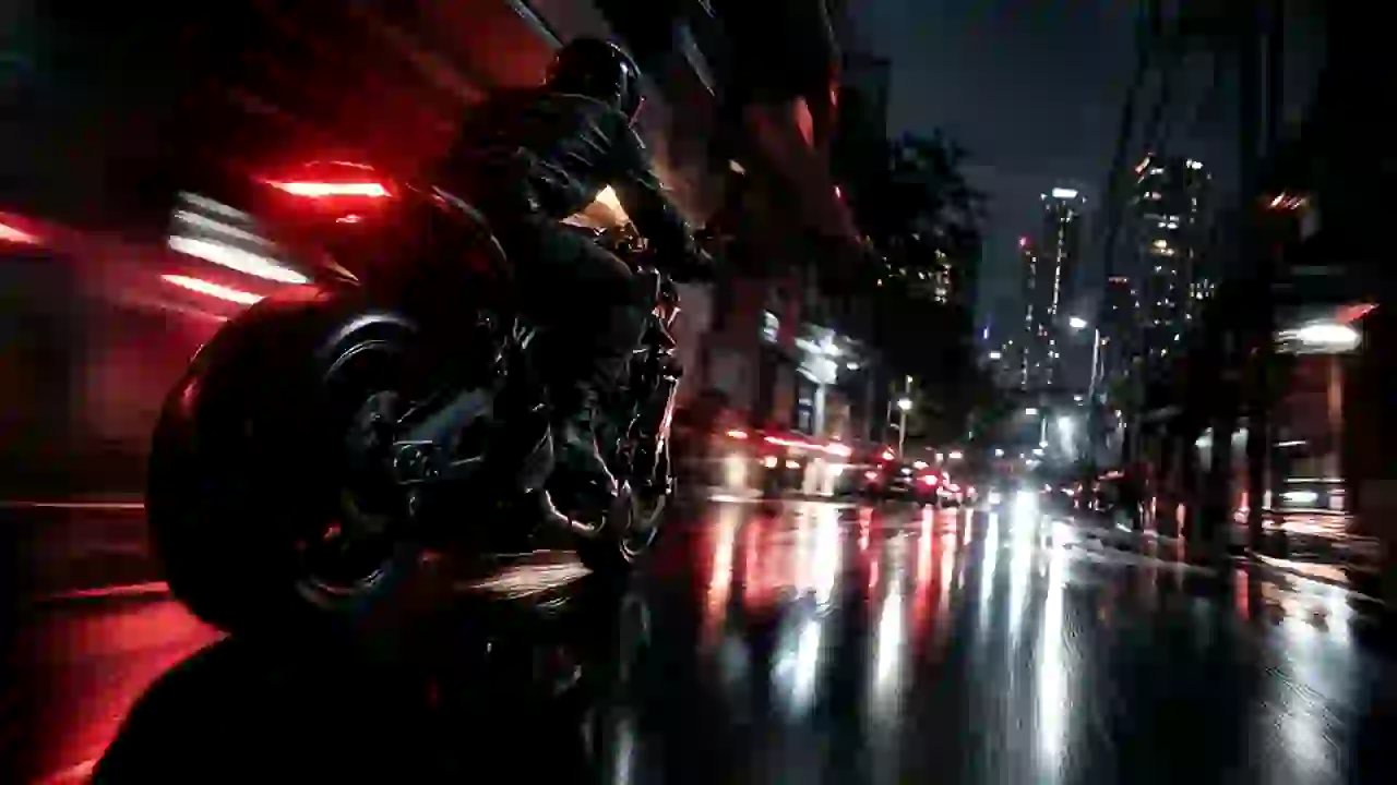A motorbike rider speeds through a wet Bangkok street at night, red light trails behind him.