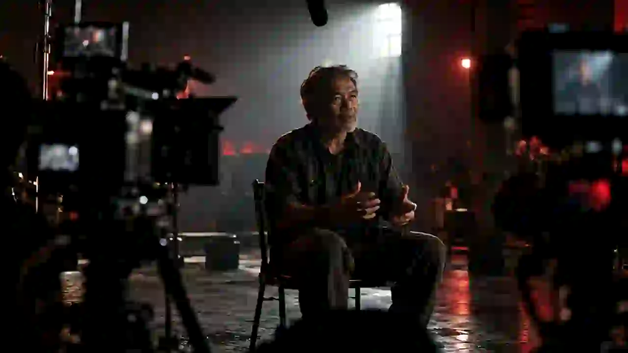 Documentary interview: an older man speaks in a dark hall, backlit, two cameras in the foreground.