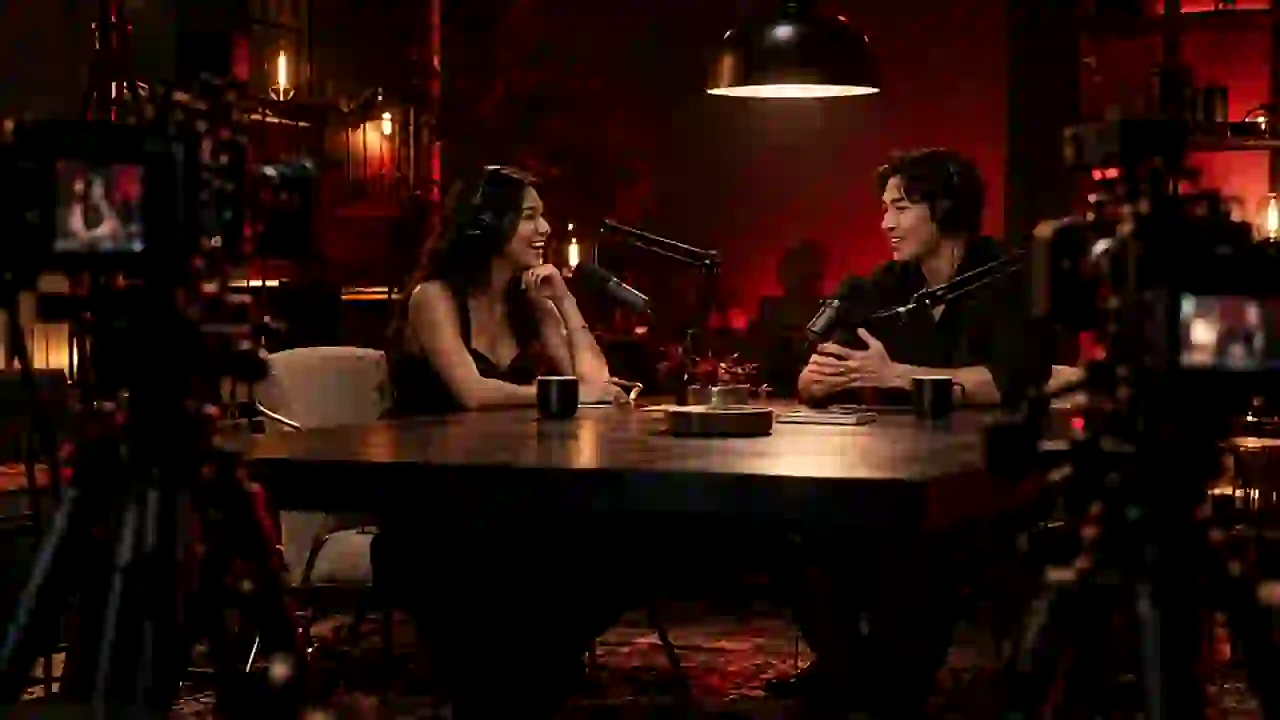 Video podcast: two hosts laugh at a table with broadcast microphones while two cameras record.