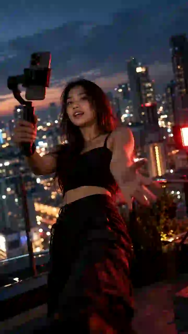 A creator films a vertical video with a phone gimbal on a Bangkok rooftop at blue hour.