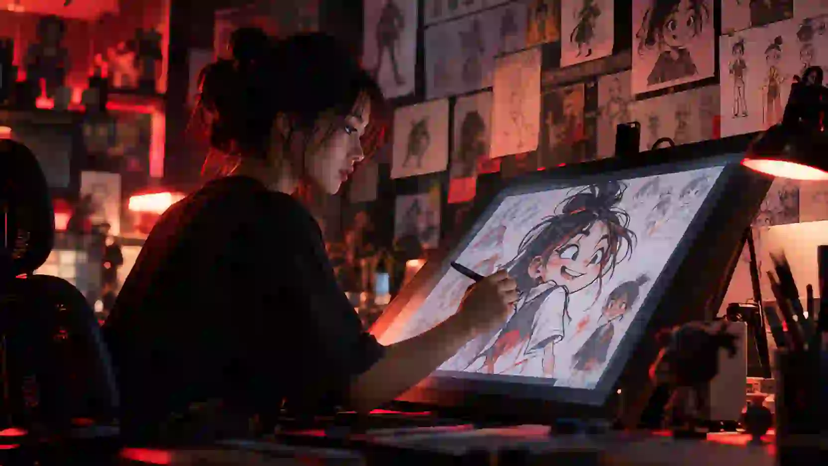 An animator draws a cartoon character on a pen display, storyboards pinned on the wall behind her.