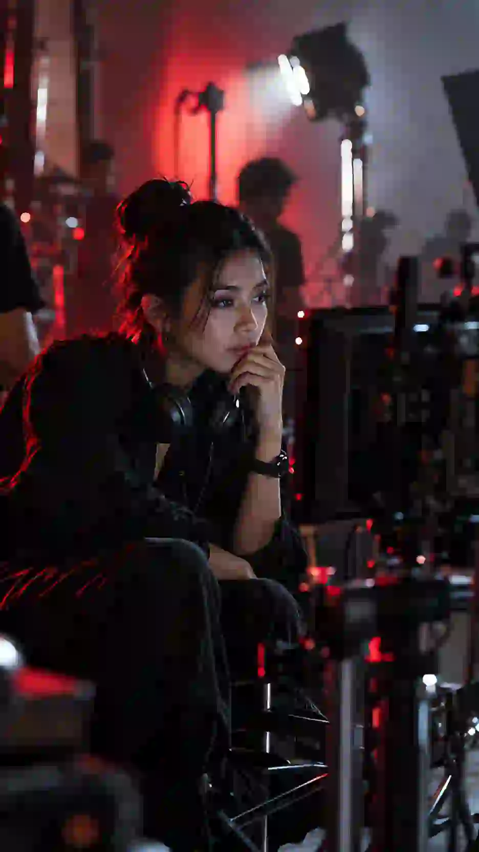 A director with headphones watches the field monitor on set, her face lit by its glow.