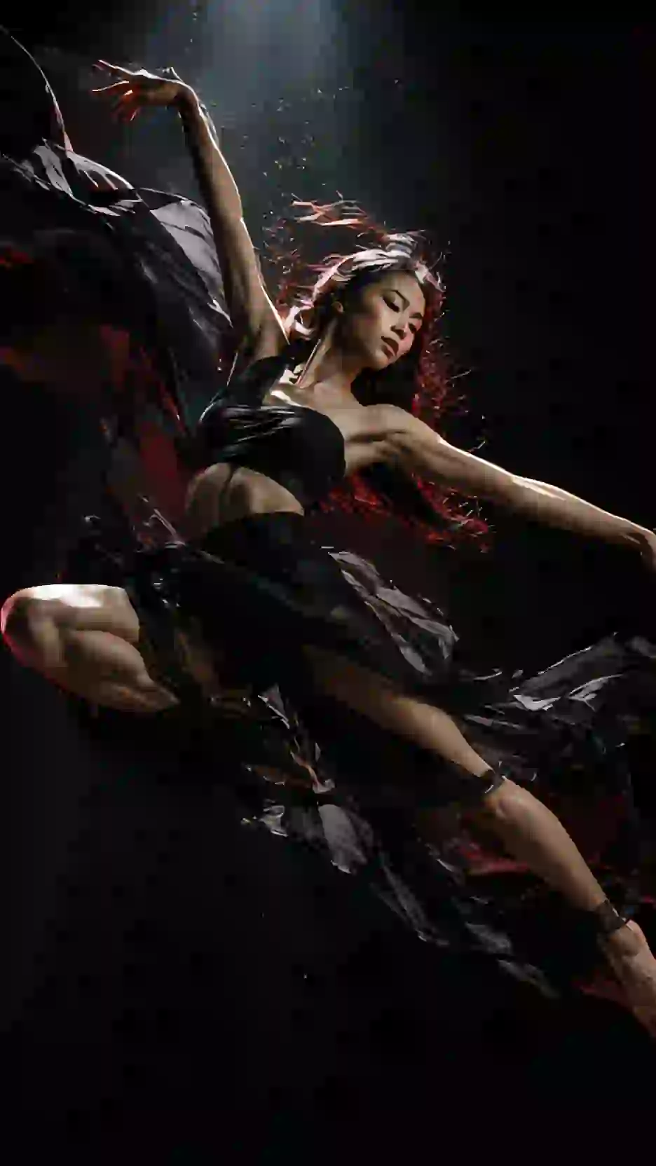 A dancer frozen mid-leap against black, dark fabric trailing behind her.