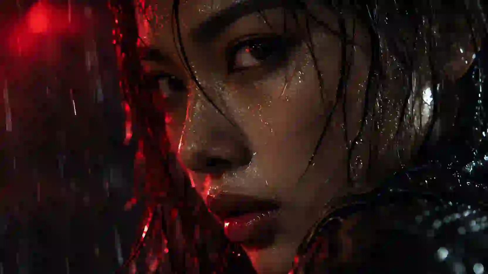 Overhead shot: a lone person with a red umbrella crosses a wet black square at night.