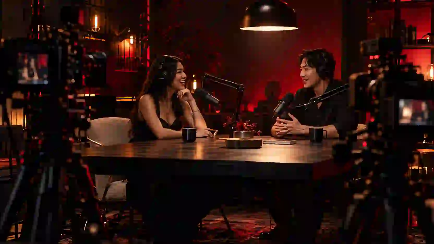 Video podcast: two hosts laugh at a table with broadcast microphones while two cameras record.