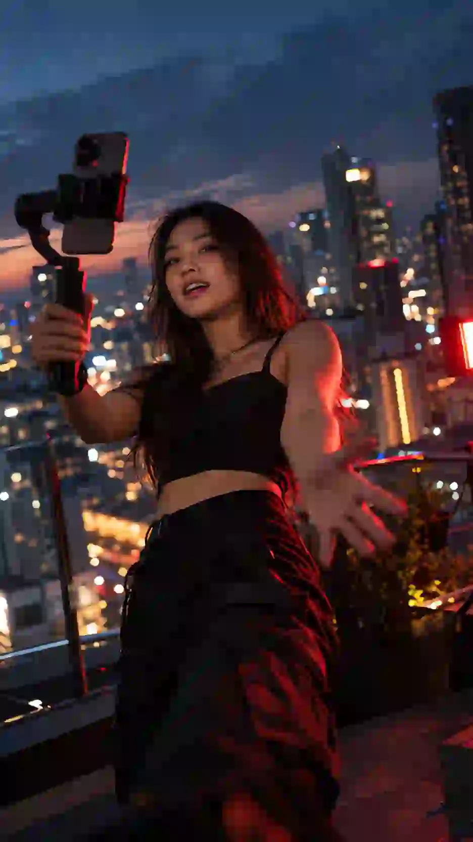 A creator films a vertical video with a phone gimbal on a Bangkok rooftop at blue hour.