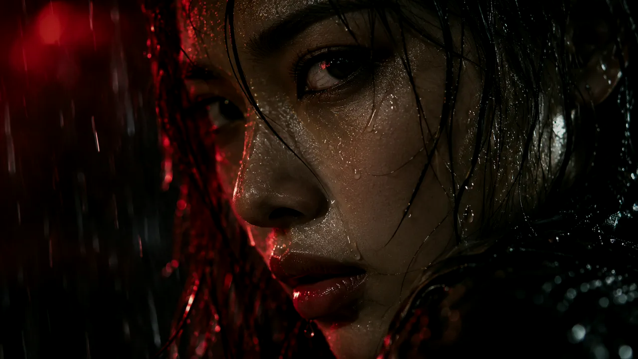 Showreel: a woman’s face in the rain under red light, a film crew on a dark set, a motorbike rider at night, a photographer at work and a lone red umbrella on a wet street.